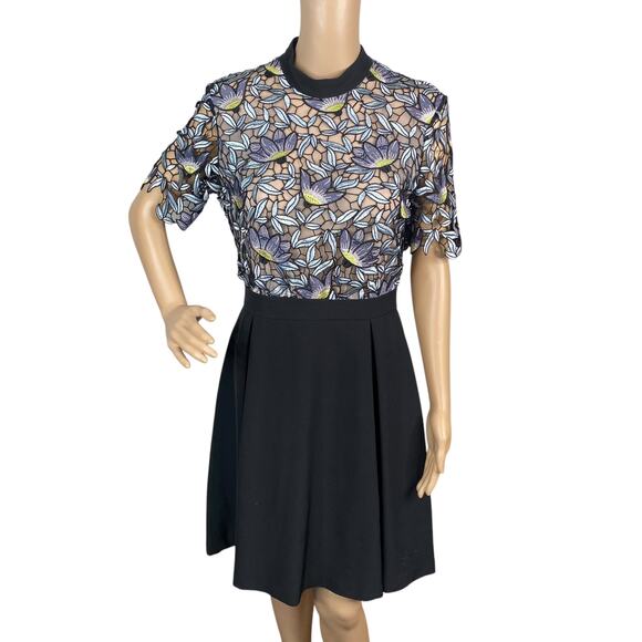 Anthropologie VICOLO Crochet Lace Floral Colorblock Fit & Flare Dress SZ S - Picture 1 of 12